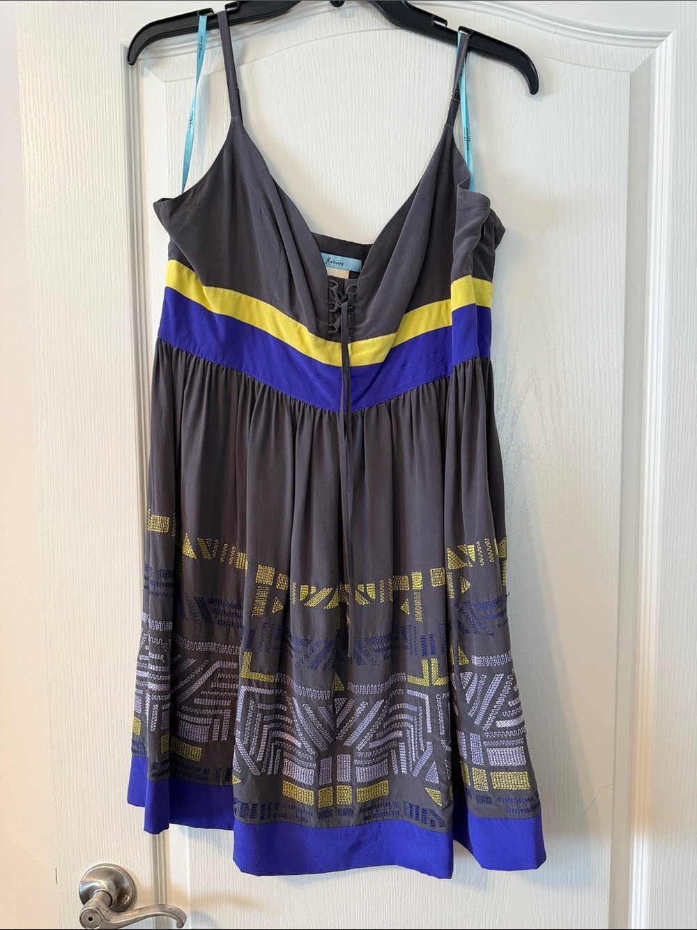 Marciano Gray Silk Mini Dress with Yellow & Purple Accents